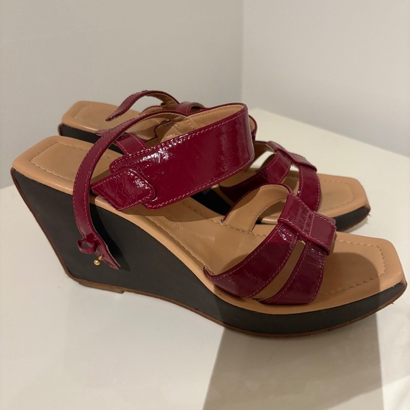 This is a Salvatore Ferragamo patent leather wedge platform sandal - Picture 1 of 6